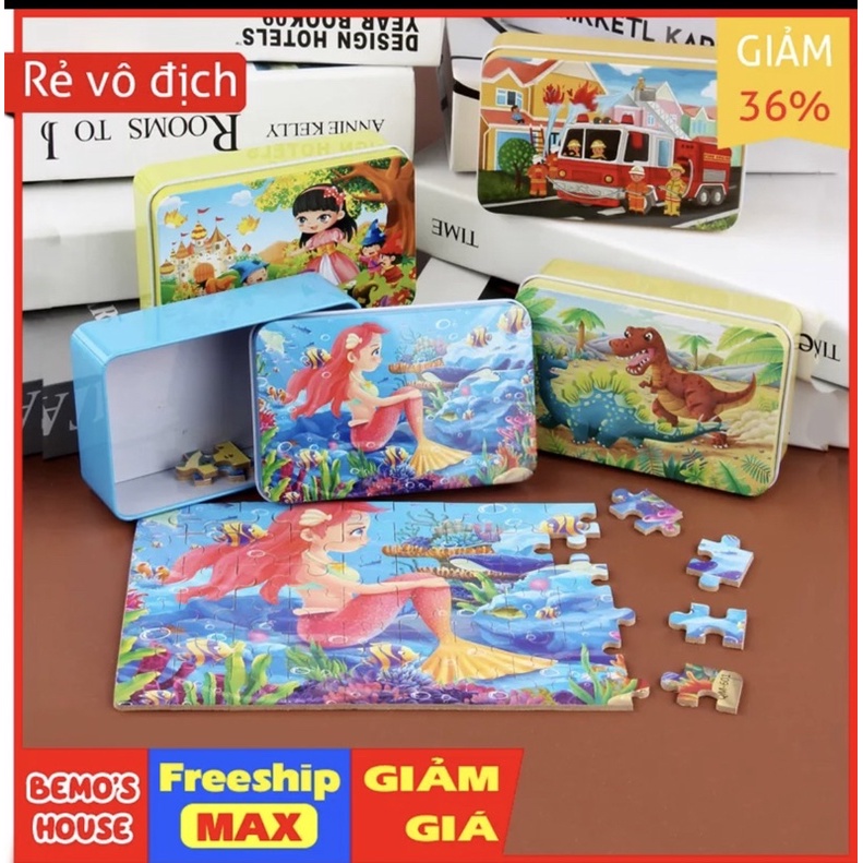 Bộ ghép hình bằng gỗ 60 miếng hộp sắt bộ xếp hình phát triển tư duy cho bé nhiều chủ đề