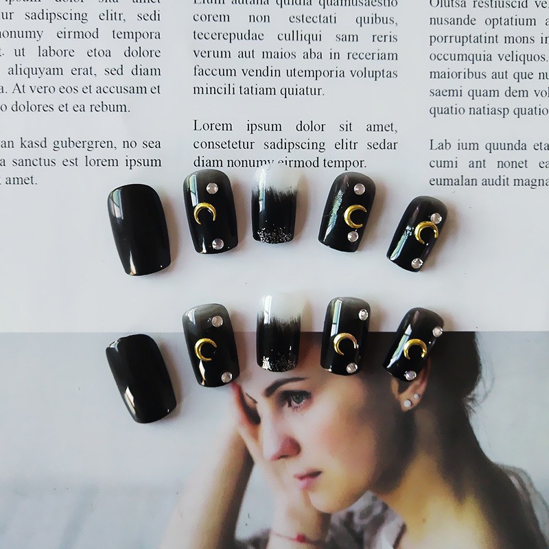 Set 24 móng giả cao cấp NailMây D1 black đính đá và charm