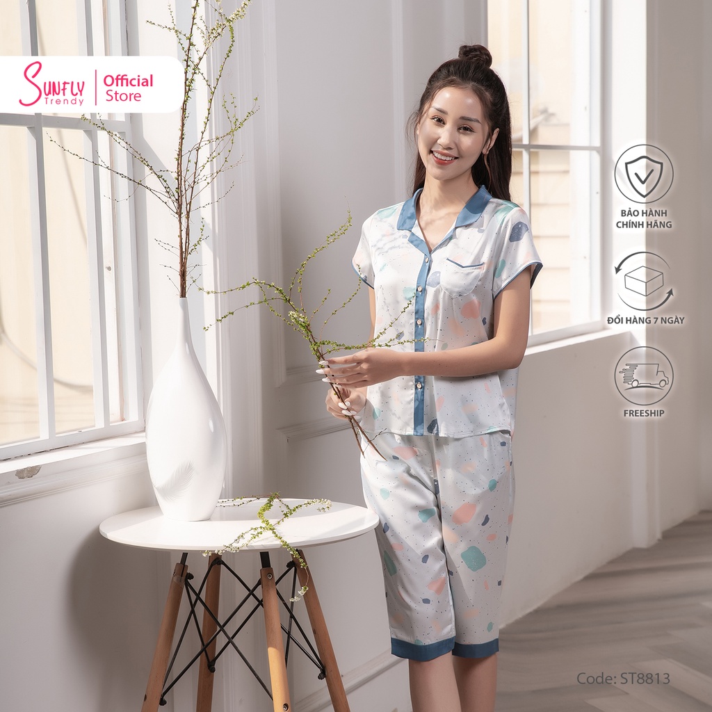 Bộ đồ mặc nhà nữ pijamas lụa SUNFLY áo cộc tay, quần ngố ST8813