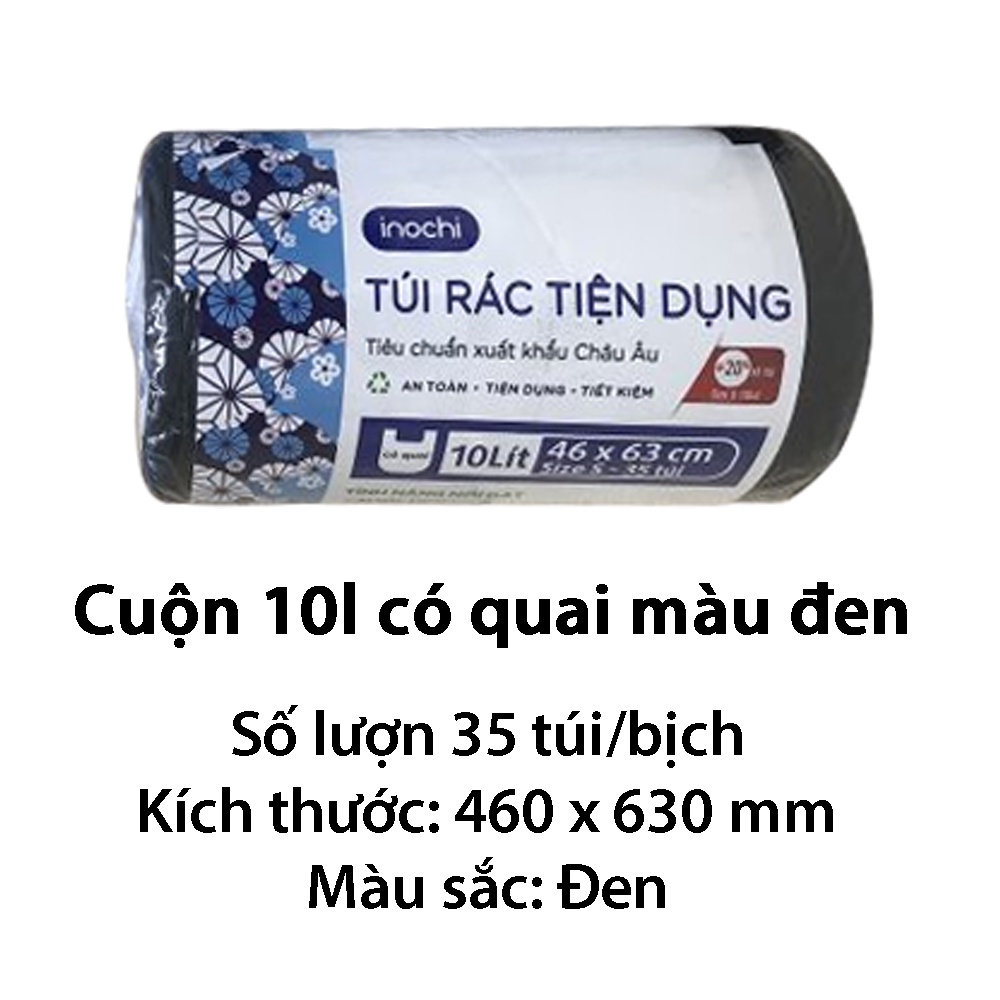 Túi đựng rác tự phân hủy 4 cuộn sinh học Inochi Có Quai Màu Đen Dài Hơn 20% 10L 25L 50L cho thùng rác