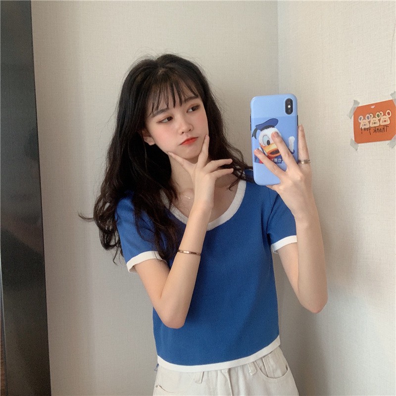 Áo croptop len viền tay ngắn freesize hàng Quảng Châu đơn giản trẻ trung cho nữ | BigBuy360 - bigbuy360.vn