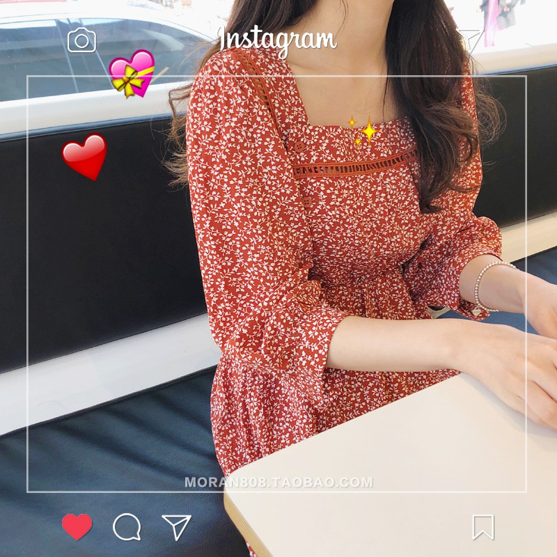(ORDER) Váy MORAN hoa nhí cổ vuông thun eo ngọt ngào Retro Hàn Quốc Dress mùa hè