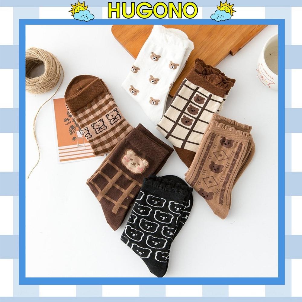 Tất cổ cao nữ hoạ tiết gấu đáng yêu Hugono vớ cotton dày dặn không xù Hàn Quốc TN140
