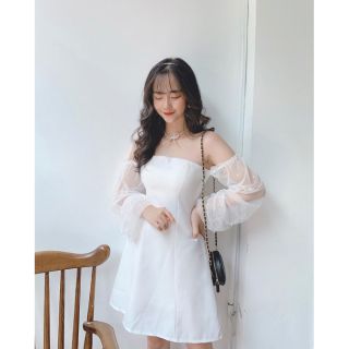 Váy trễ vai dự tiệc phối tay lưới siêu xinh kèm ảnh thật SẴN TRẮNG SIZE S, L