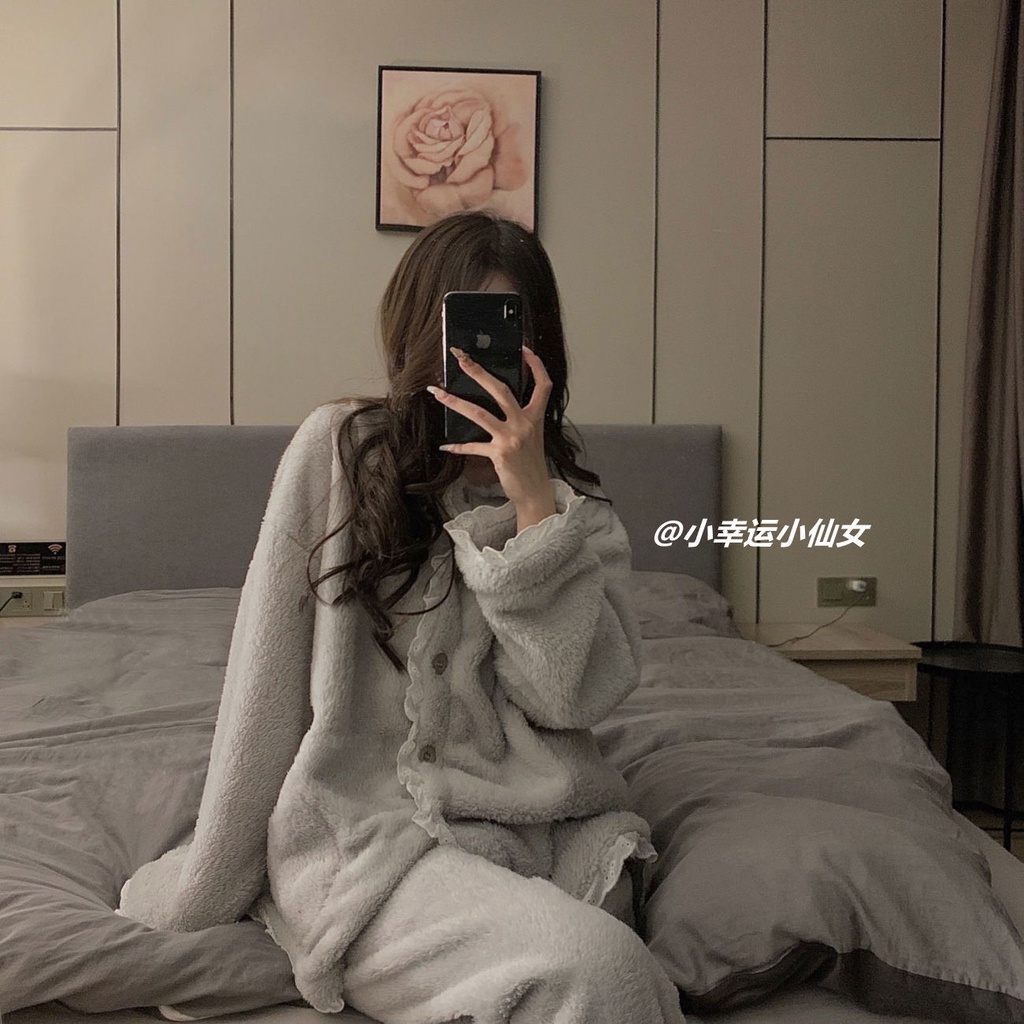 Bộ đồ ngủ vải lông cừu san hô dày dặn giữ ấm mùa thu đông CB3Q