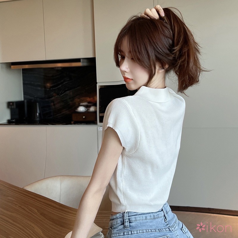 Áo Thun Croptop Tay Ngắn Cổ Chữ V Màu Sắc Trơn Phong Cách Hàn Quốc Thoáng Khí