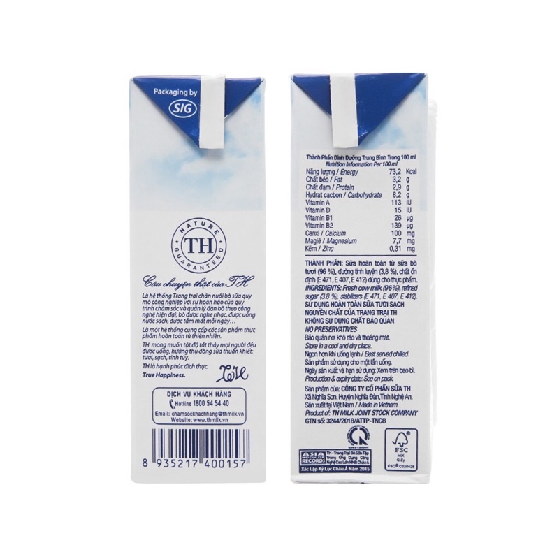 Vỉ 4 Hộp Sữa TH True Milk Hộp 110ml-180ml Có Đường/Ít đường