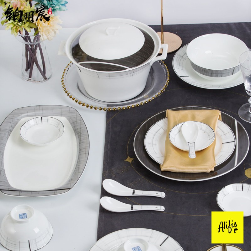 Bộ bát đĩa, bộ chén bát sứ xương trắng viền kẻ đen cách điệu cho 6-12 người - phụ kiện bàn ăn và quà tặng tân gia