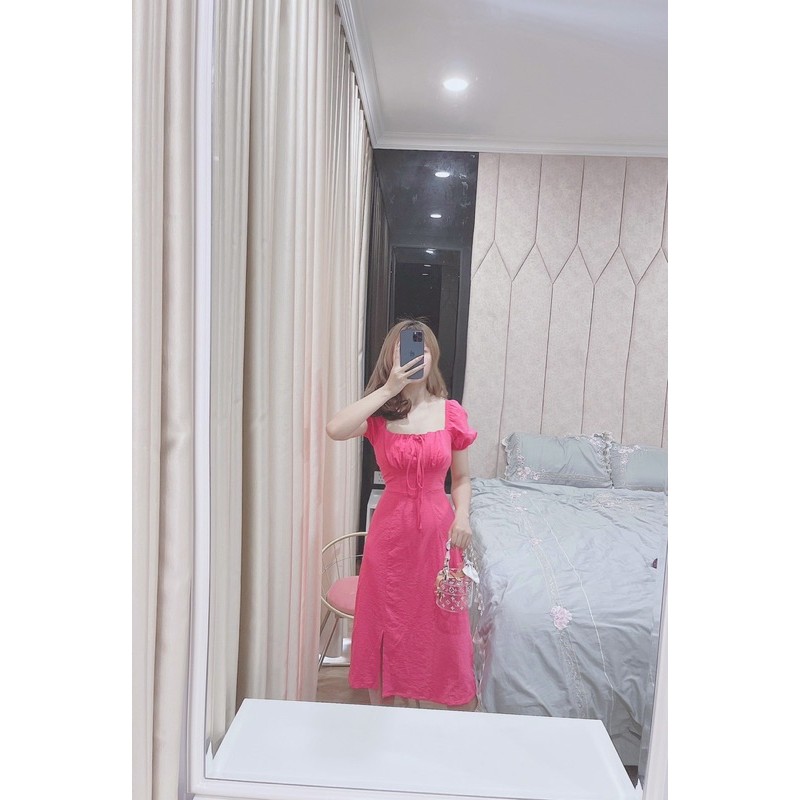 VNU240 - VÁY CỔ VUÔNG BUỘC NƠ NGỰC XẺ VẠT | BigBuy360 - bigbuy360.vn