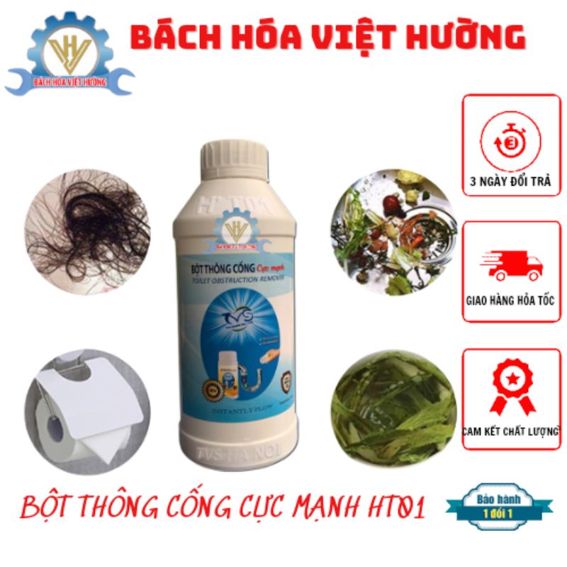 Bột thông bồn cầu, cống HT01 TVS cực mạnh, chai lớn 250gam, bột thông cống hiệu quả ngay lần đầu sử dụng - Việt Hường