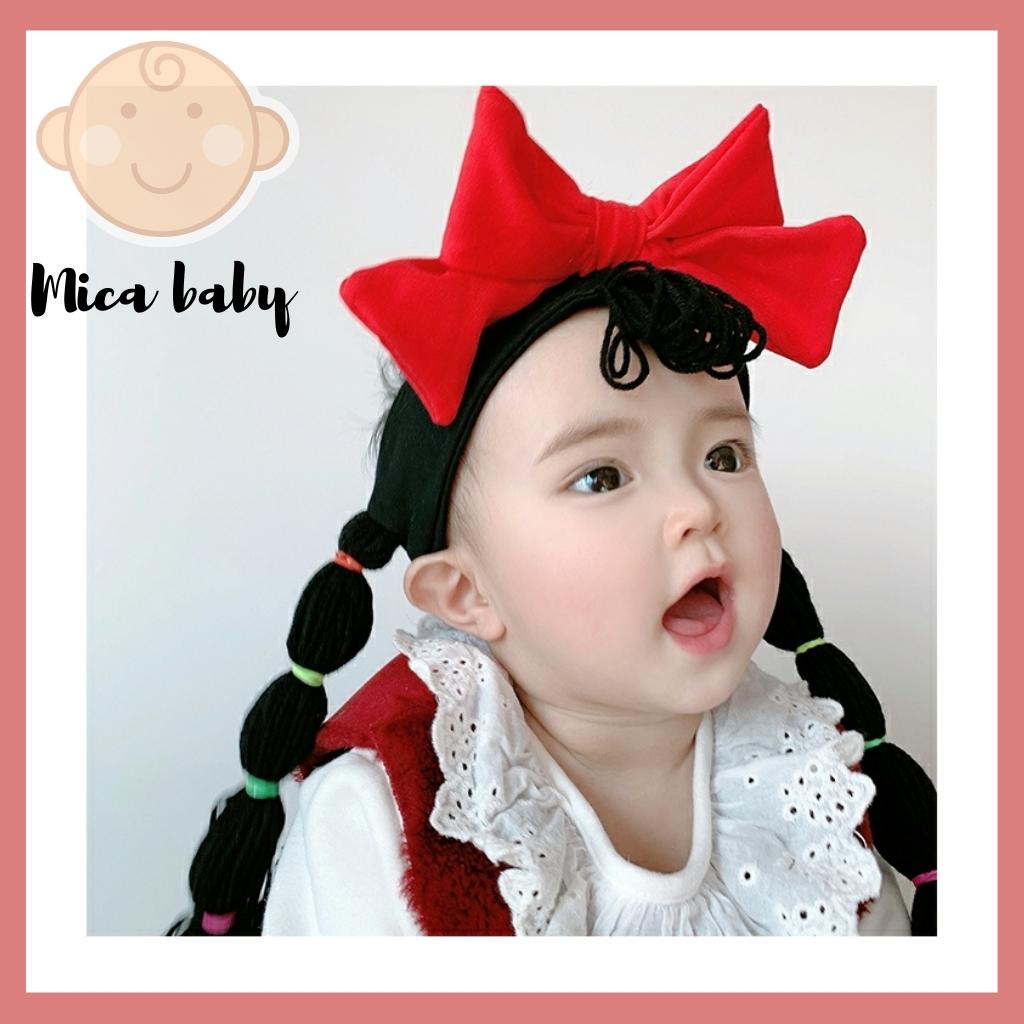 Băng đô, turban tóc giả buộc dài thắt nơ đỏ đáng yêu cho bé Mica baby BD43