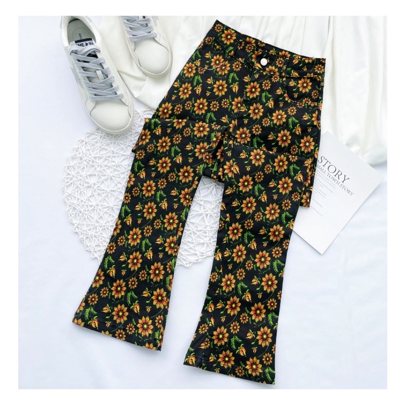 Quần Jean Lưng Cao Ống Loe In Họa Tiết Thời Trang