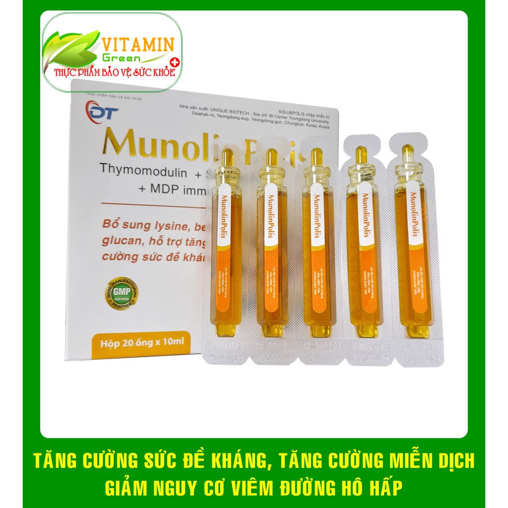 MUNOLINPOLIS CHIẾT XUẤT KEO ONG, THYMOMODULIN, BETAGLUCAN GIÚP TĂNG CƯỜNG SỨC ĐỀ KHÁNG (HỘP 20 ỐNG X 10ML)