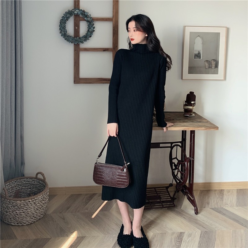 Đầm Len Cổ Lọ Dáng Dài ❤️ Váy len nữ cổ lọ dáng dài ôm kiểu dáng Hàn Quộc màu Đen BASIC SIÊU HOT ❤️ | BigBuy360 - bigbuy360.vn