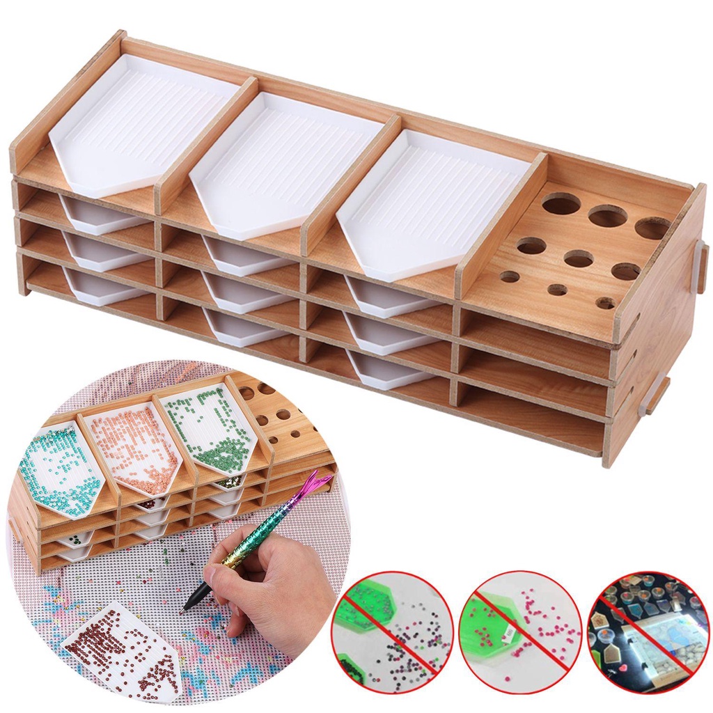LEISURE Khay Giá Đỡ Tranh Đính Đá Bằng Gỗ Nhiều Ngăn Sắp Xếp Gọn Gàng