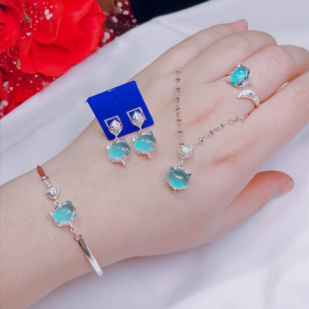 Bộ trang sức bạc ta mặt hồ ly gắn đá màu gồm Dây chuyền, Lắc tay,Bông tai và Nhẫn