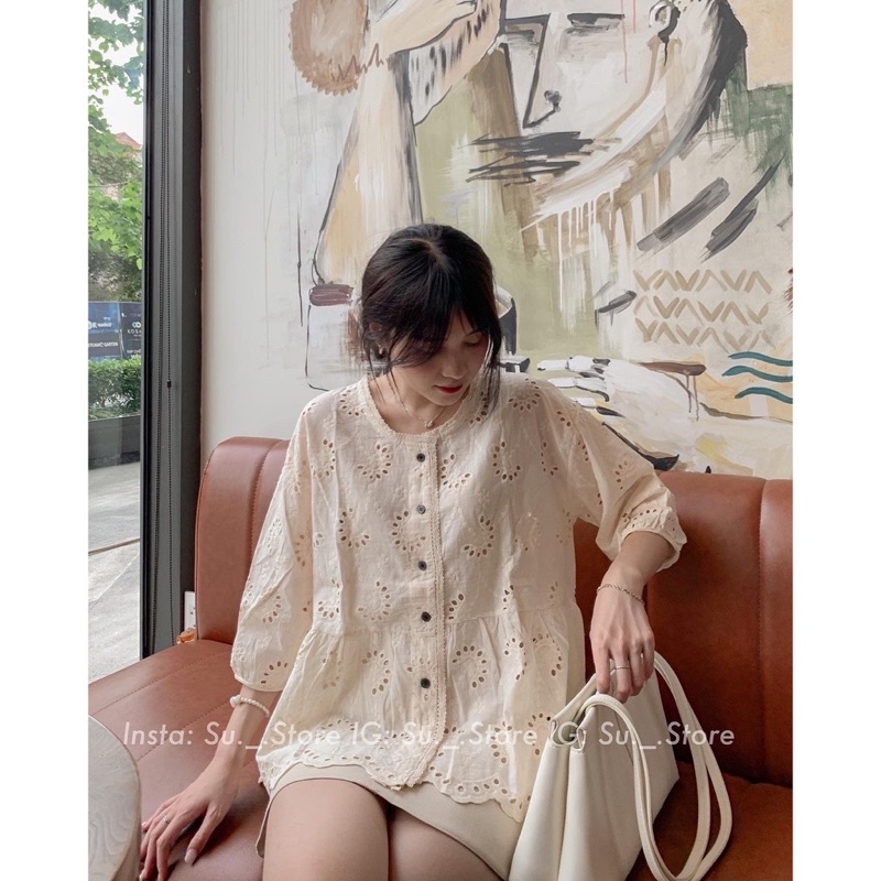 Áo babydoll ren thô dễ thương màu kem phong cách Nhật nữ tính điệu đà mang hằng ngày tiểu thư hàn quốc