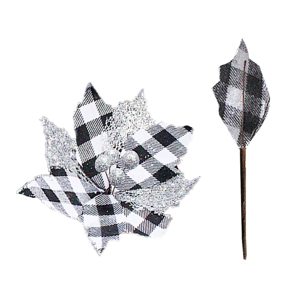 Bông hoa nhân tạo màu đen/màu đỏ họa tiết sọc caro dùng để trang trí cây thông dịp Giáng Sinh/Valentine