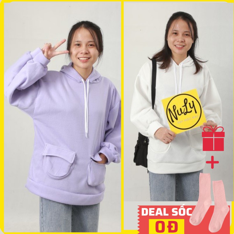 Áo hoodie trơn túi hộp nữ tay bồng form rộng Ulzzang chất nỉ bông NULY, HDTA