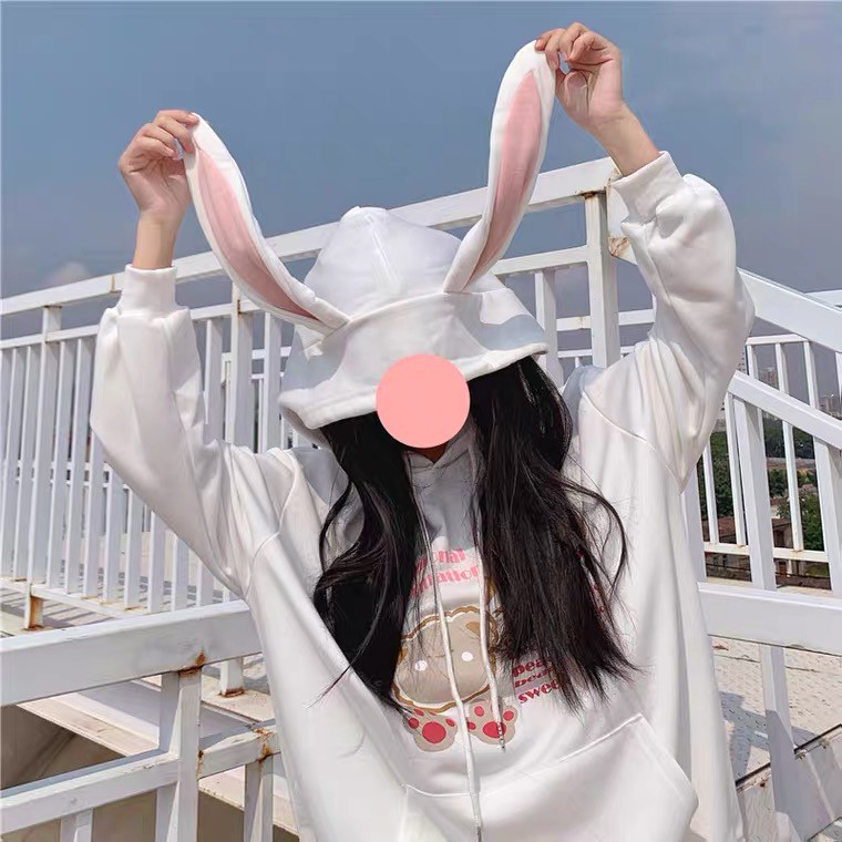 <M-XL> ÁO HOODIE FORM RỘNG TAI THỎ SAU NÓN HÌNH GẤU ĐÀO SIÊU XINH - ORDER 10 NGÀY