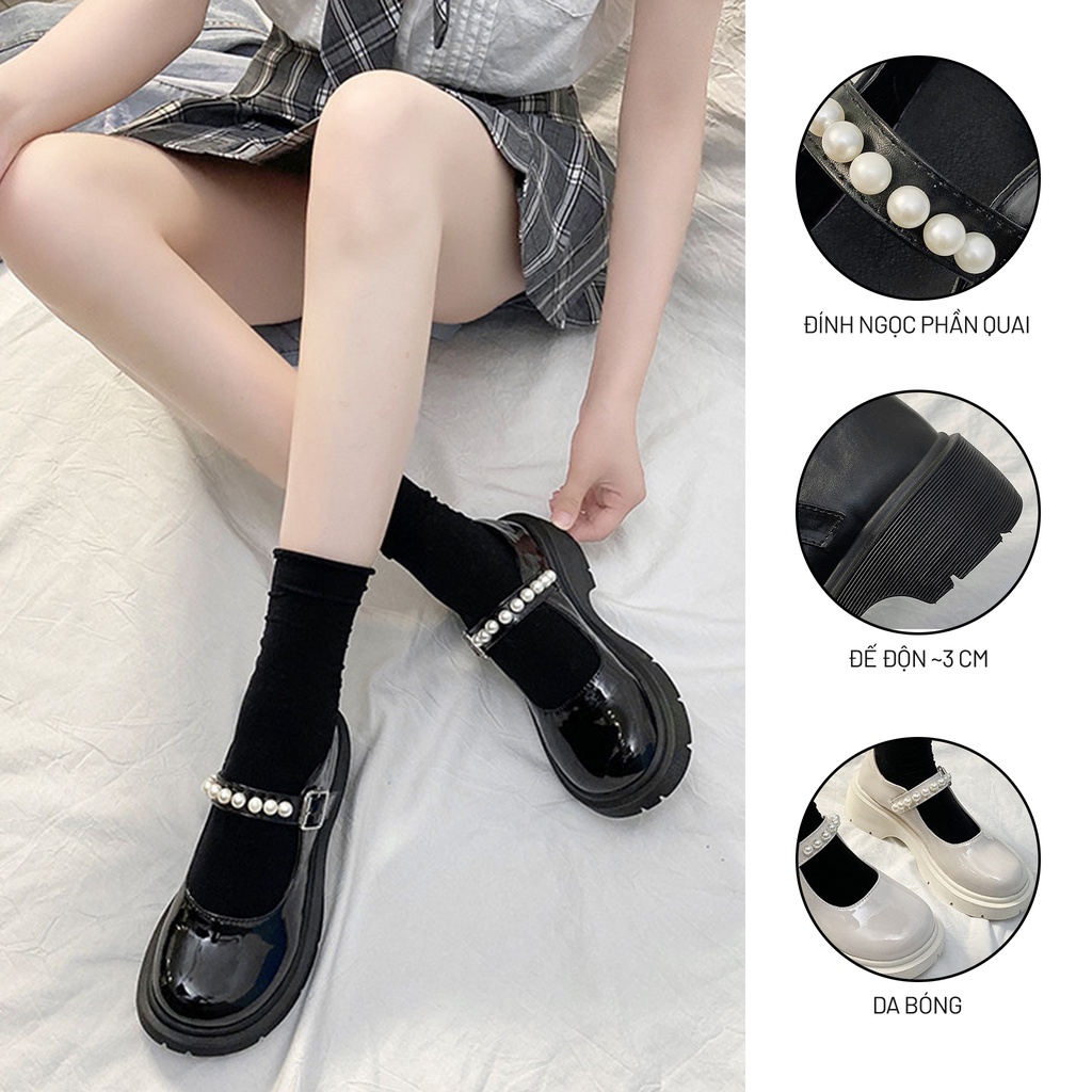 Giày Lolita Nữ Ulzzang Vintage, Giày Mary Jane Da Bóng Mũi Tròn Quai Ngọc Trai Đế Độn 3cm, Hàn Quốc - Iclassy_shoes