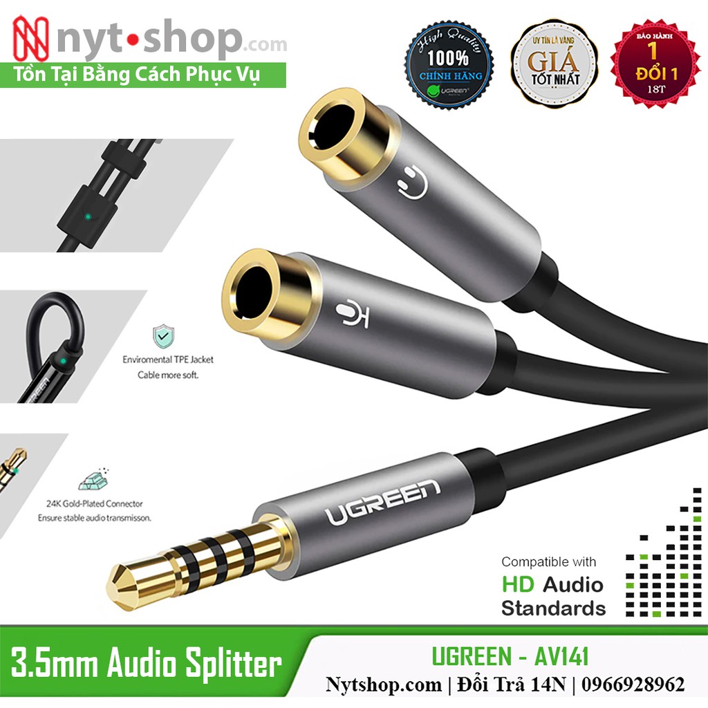 Cáp Chia Audio 3.5mm ra Tai Nghe &amp; Mic riêng biệt Chính Hãng UGREEN AV141 Cao Cấp