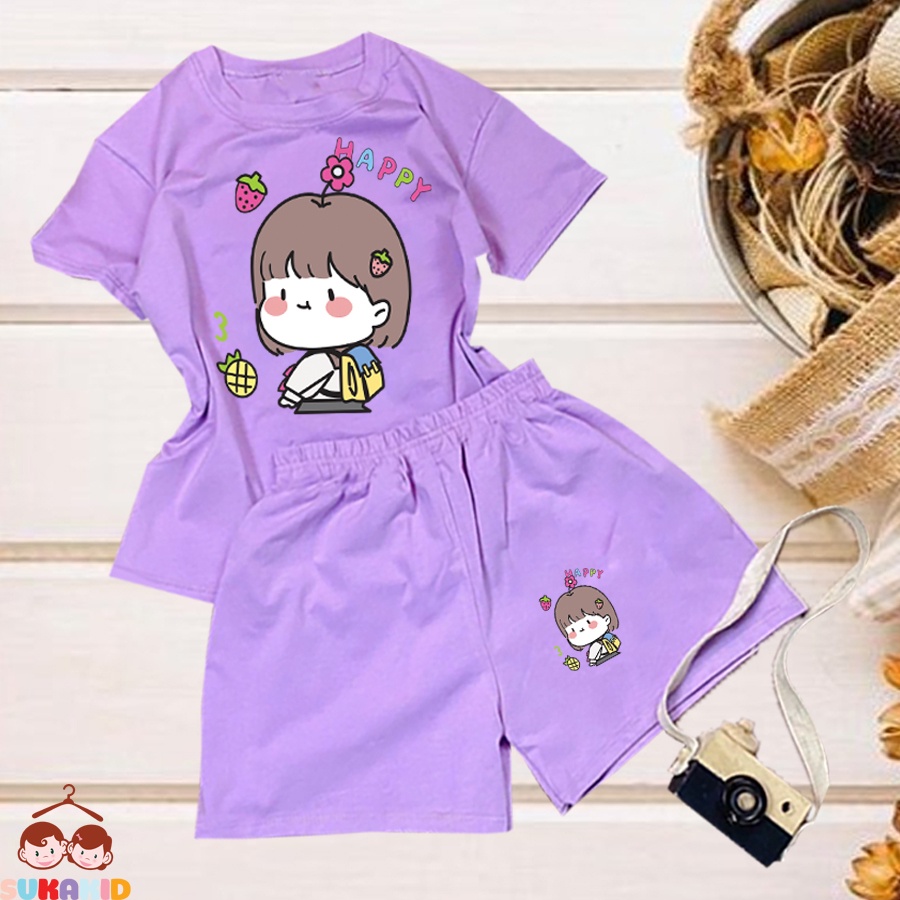 Đồ bộ ngắn tay bộ bé gái hinh bé gái happy trái dâu, thơmcho be từ 6kg-29kg.BDBG61.
