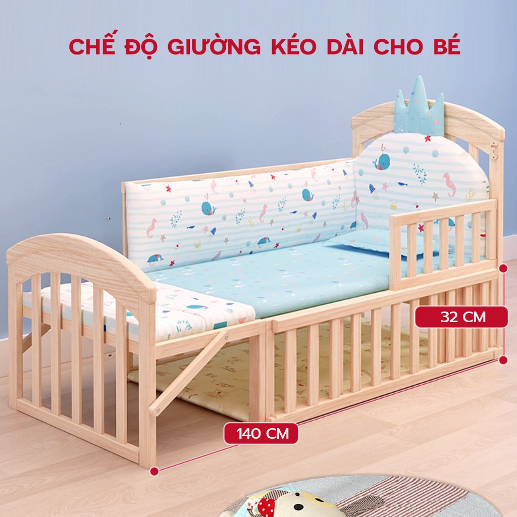 Cũi gỗ đa năng cho bé RUNA KIDS 6 chế độ bé gỗ thông New Zealand Đệm bông ép bảo hành 3 năm