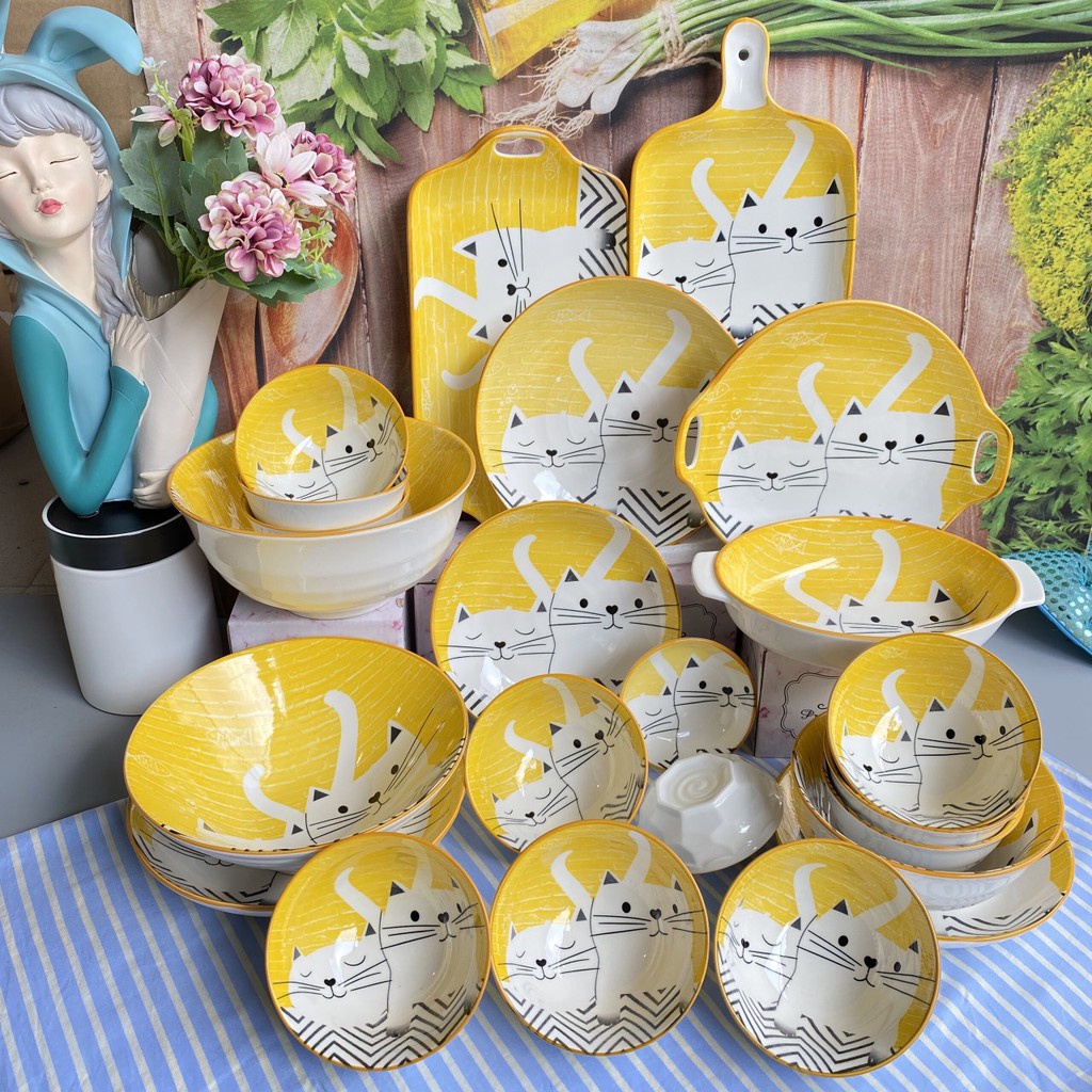 Bát đĩa gốm sứ decor Tổng hợp bộ bát đĩa mèo vàng siêu xinh