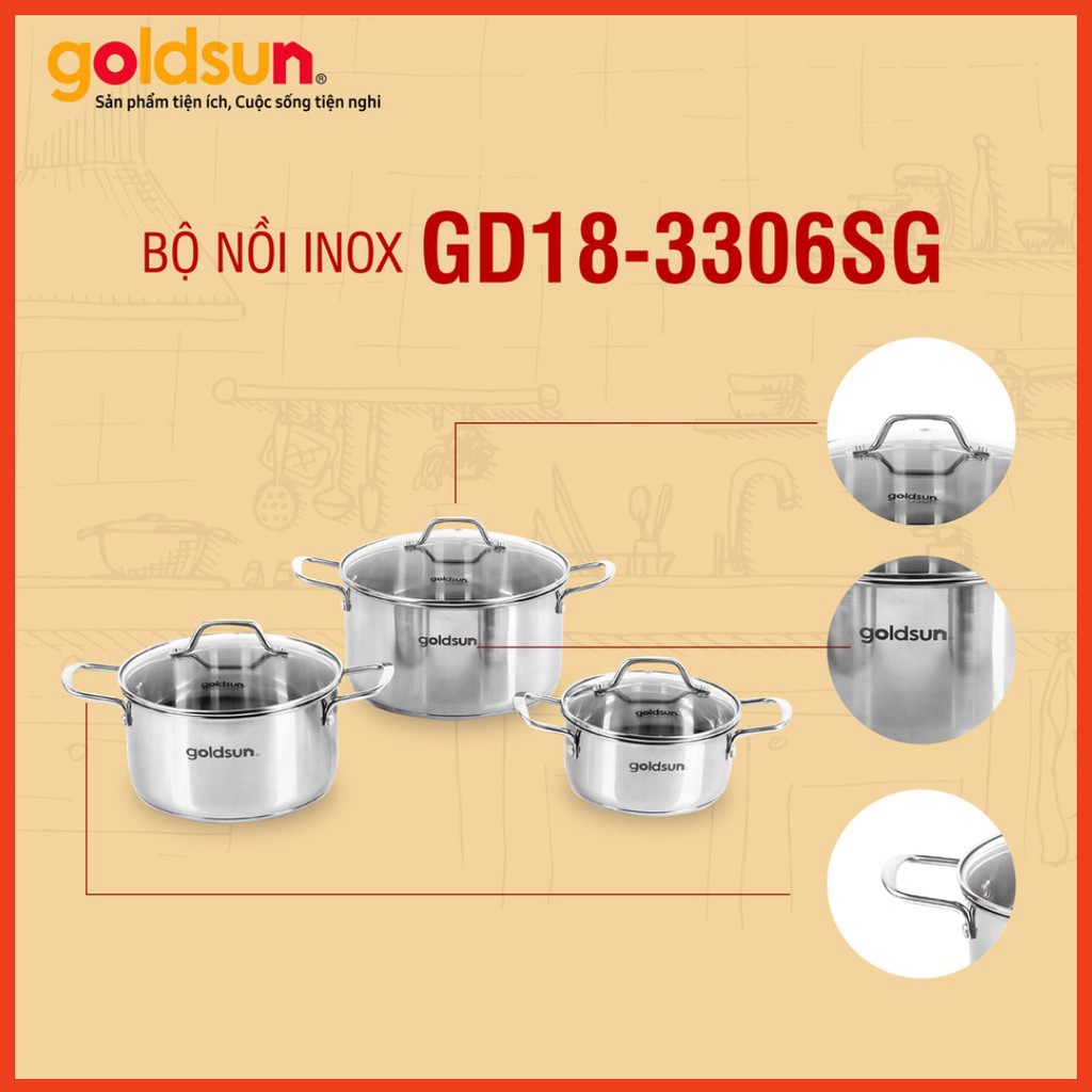 [GOLDSUN VIỆT NAM] 🥘🥘🥘 BỘ 3 NỒI INOX ❤️ 16cm, 20cm, 24cm GOLDSUN GD18-3306SG ❤️