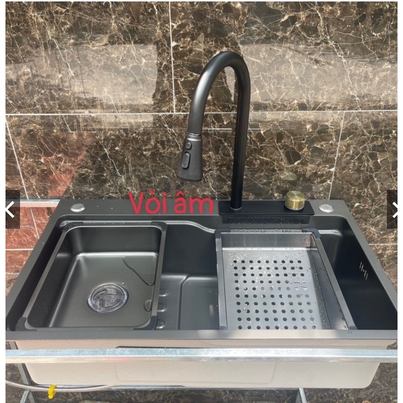 Combo Chậu rửa chén bát 1 hố nano kèm vòi nóng lạnh dây rút, chế độ rửa thác nước ( âm vòi cao cấp)