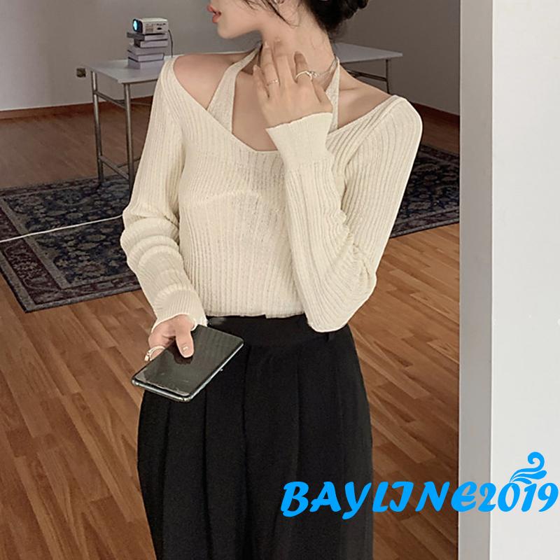 Áo thun dệt kim tay dài màu sắc thời trang cho nữ