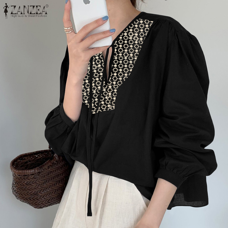 Áo Kiểu ZANZEA Tay Dài Thêu Hoa Cổ Chữ V Thường Ngày Cho Nữ