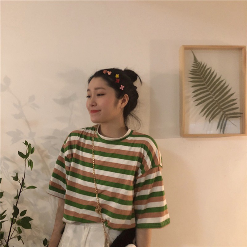 Áo Thun Nữ Tay Ngắn Kẻ Sọc Thời Trang Hàn Quốc