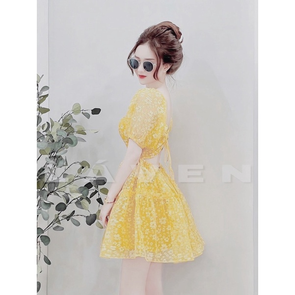 [Có bigsize] Đầm hoa vàng hở eo chất vải lụa hoa nổi cao cấp