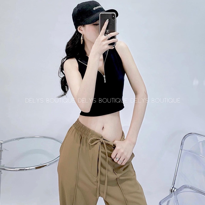 Áo croptop nữ trơn Delys sát nách dây kéo cổ lọ thun bo gân co giãn
