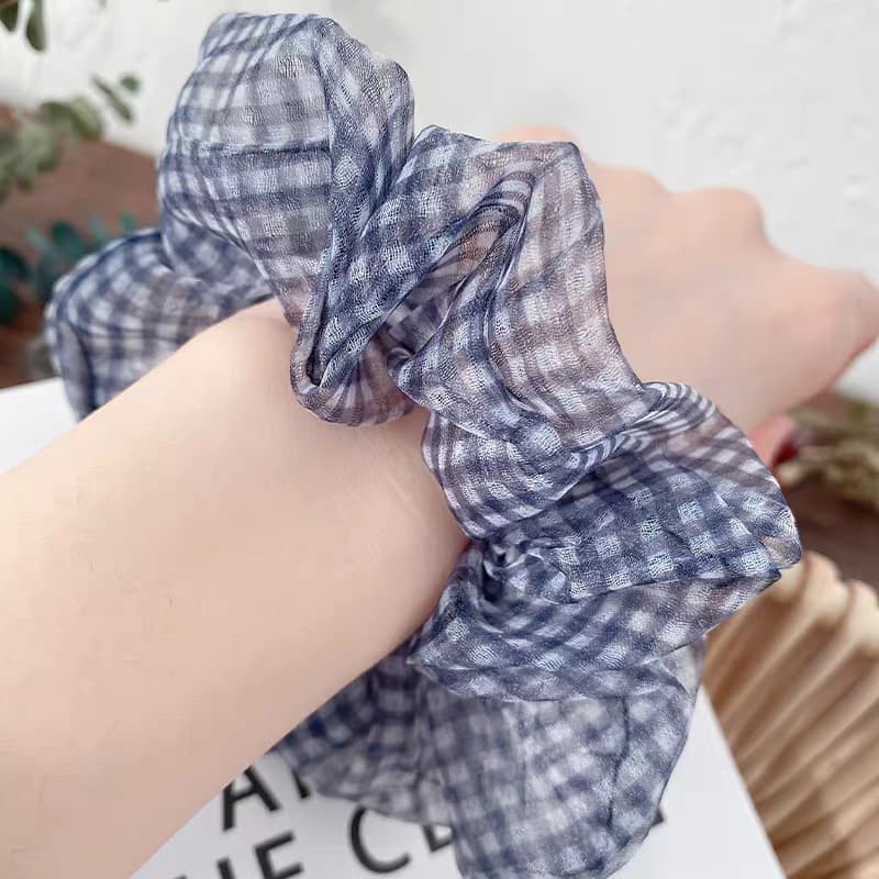 Scrunchies dây buộc tóc vải voan caro bản lớn phồng đẹp