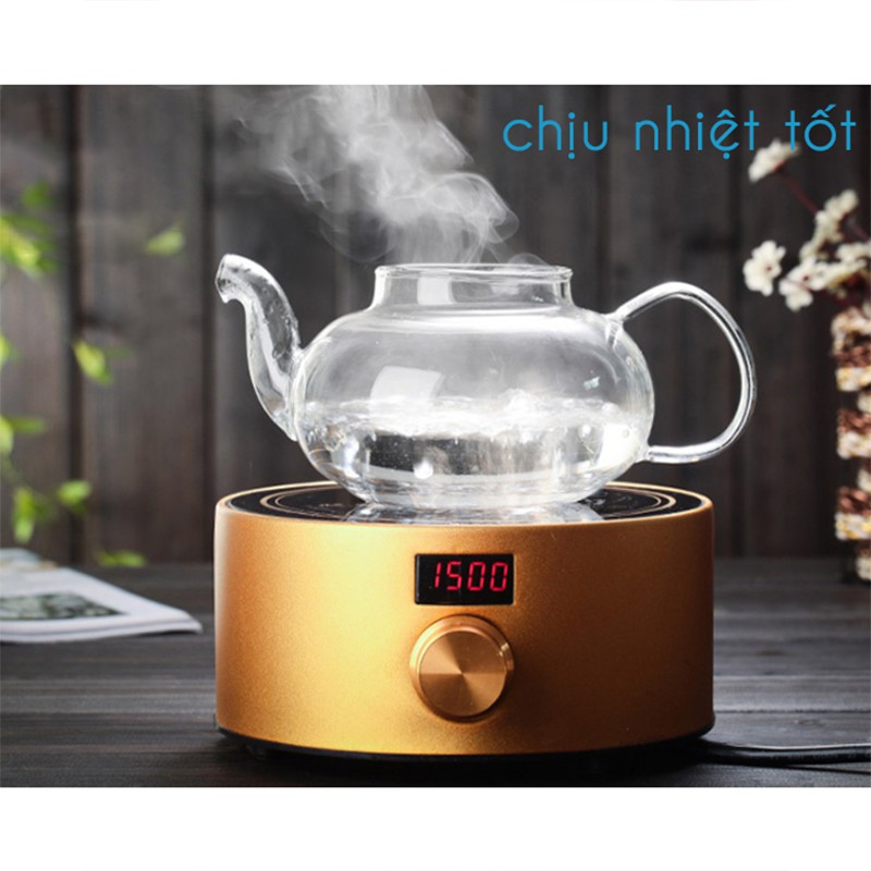 Bộ ấm trà thủy tinh 6 chén kèm đế nến châm trà chịu nhiệt dung tích 600ml sử dụng được cả đèn cồn và cốc nến