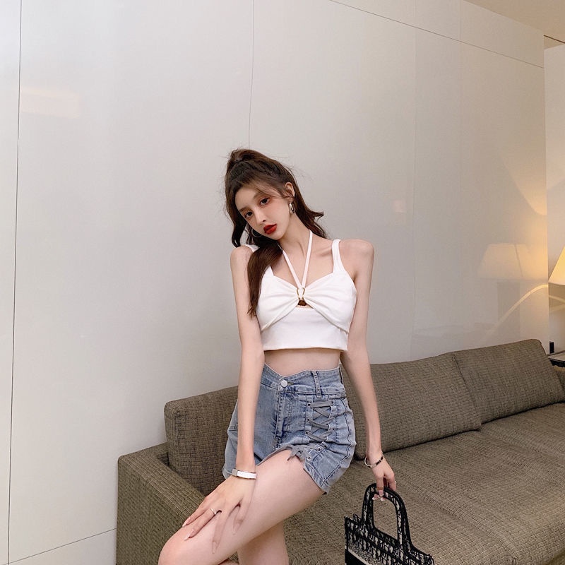 Quần short denim lưng cao cột dây màu sáng phong cách Hàn Quốc thời trang mùa hè quyến rũ cho nữ