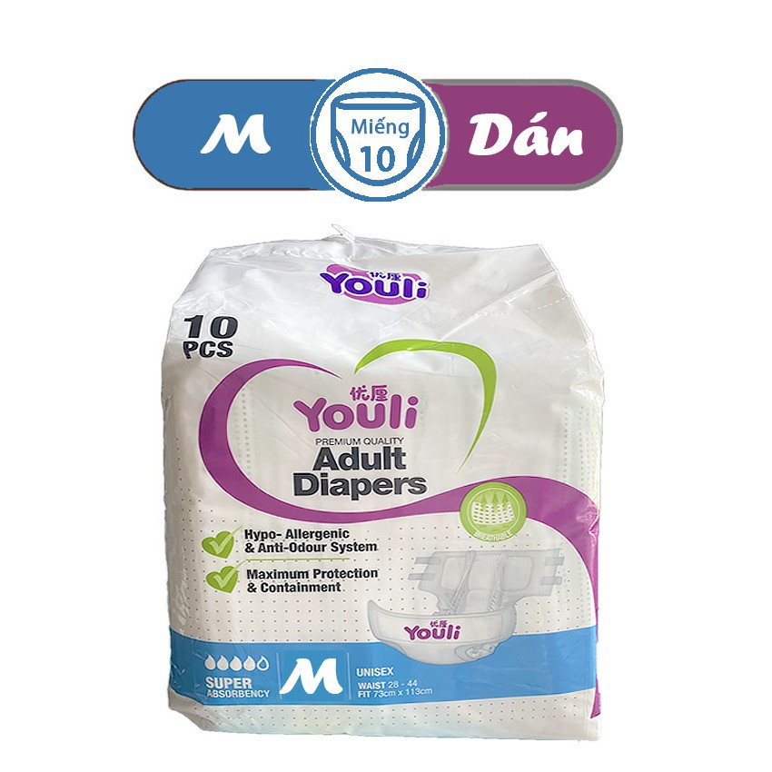 [Bỉm người lớn] Bỉm Youli size dán M/L túi 10 miếng tiện dụng