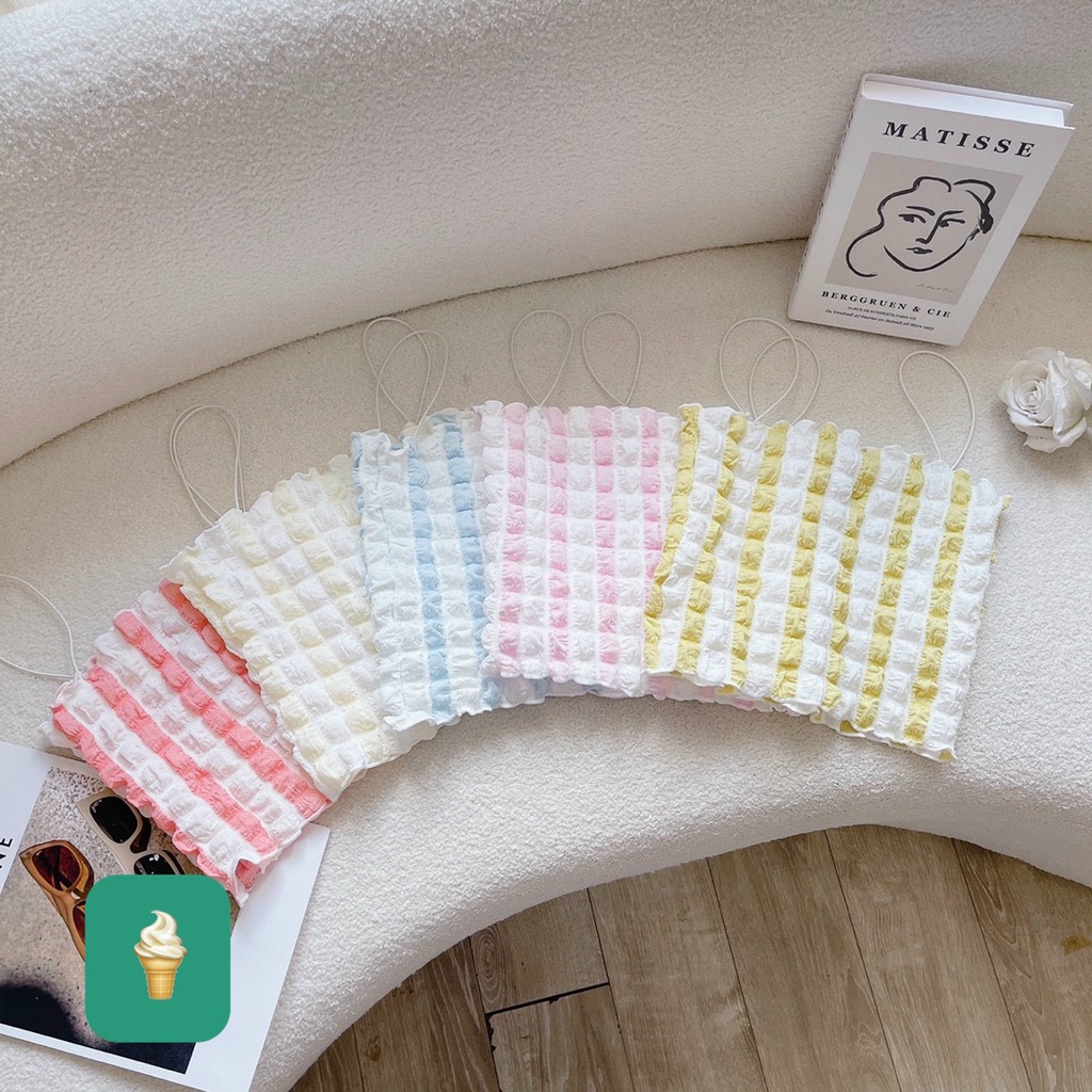 Áo 2 dây xốp phồng vuông màu sọc dễ thương , kiểu dáng croptop