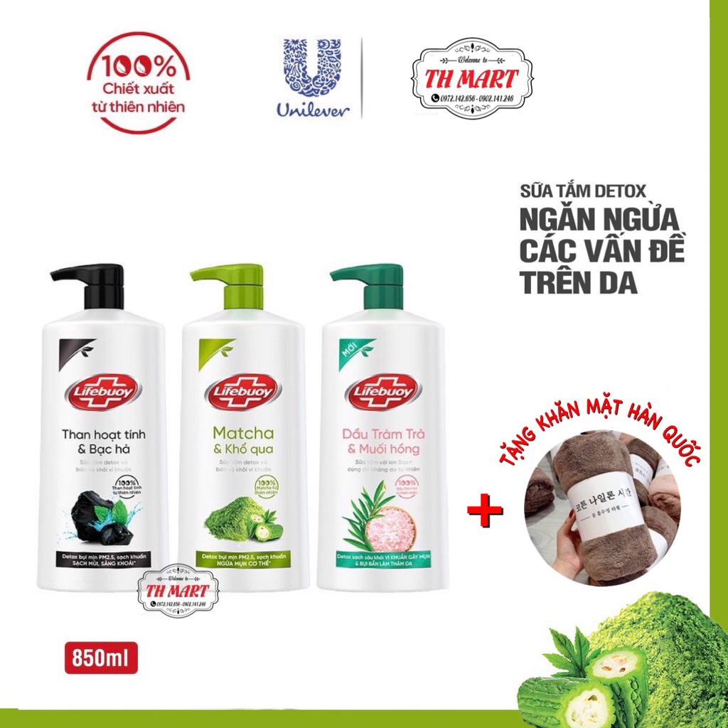 sữa tắm lifebuoy matcha khổ qua /than hoạt tính chai 850g [Tặng khăn mặt]