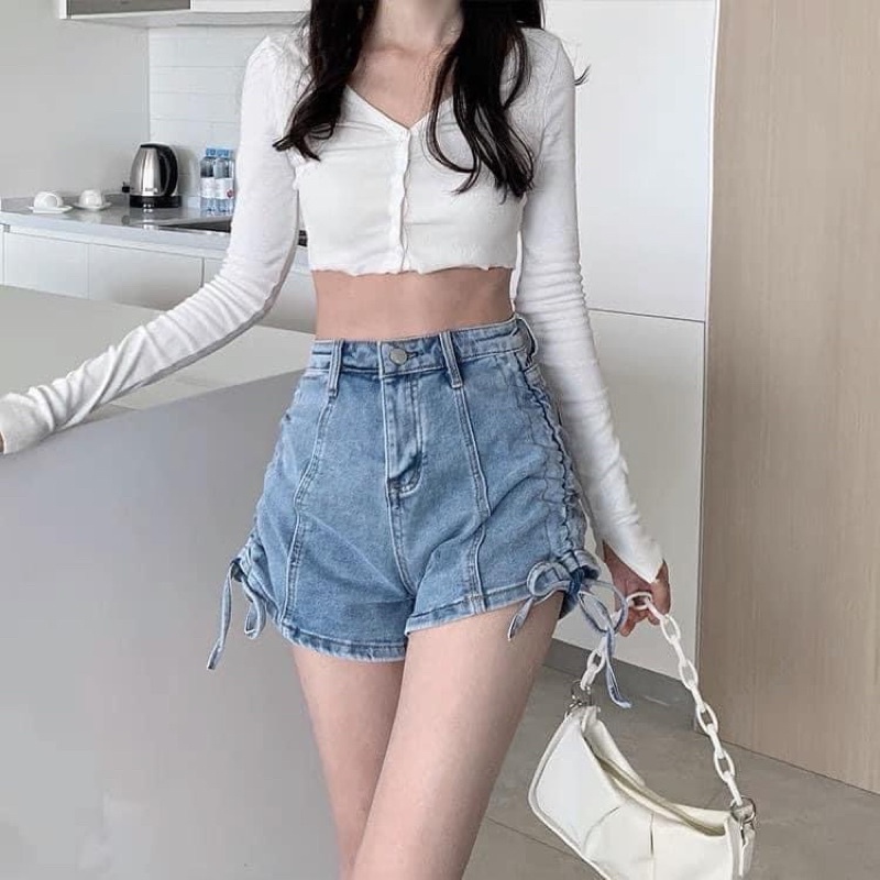 Quần sooc jeans rút dây cạp cao co giãn | BigBuy360 - bigbuy360.vn