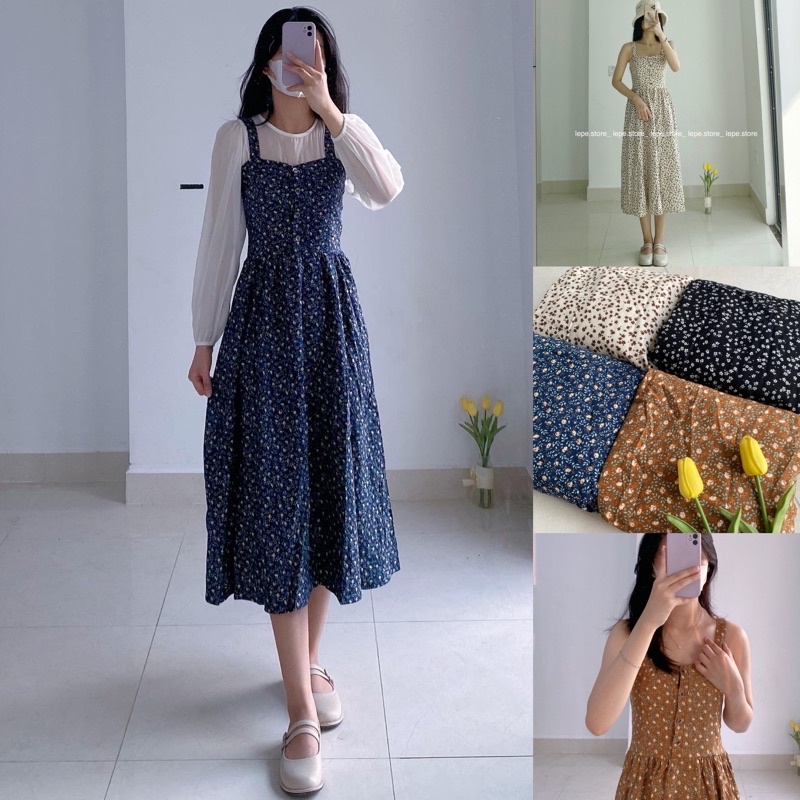 Váy hai dây hoa nhí bản lớn nhung dày chun