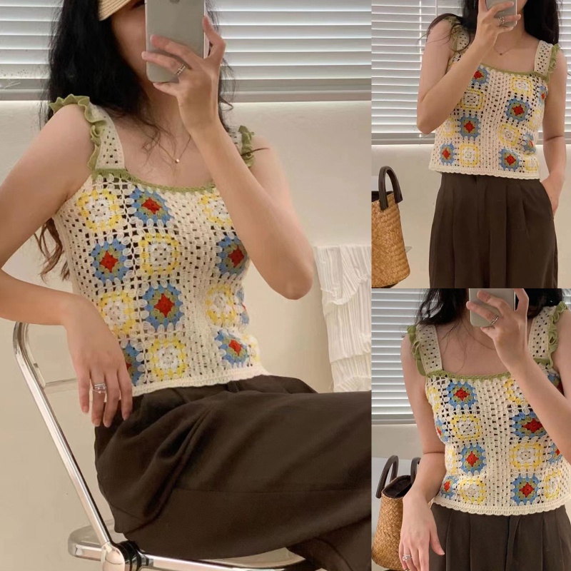 Ivy Áo hai dây Móc Không Tay Ngọt Ngào Mặc Hàng Ngày Đi Biển Mua Sắm Ngày