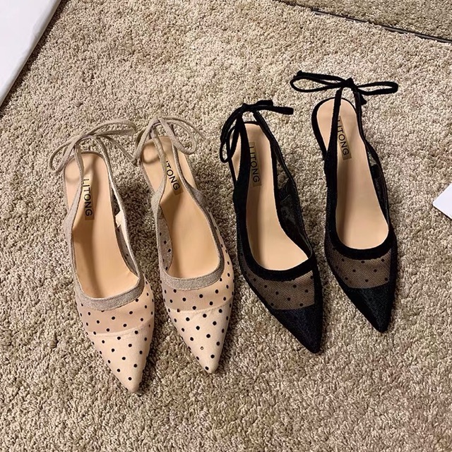 Giày cao gót cho nữ mũi nhọn lưới chấm bi cao 7cm nơ gót