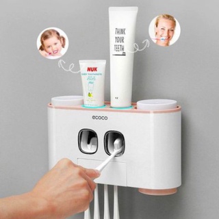 Dụng cụ lấy kem đánh răng tự động Ecoco kèm giá để bàn chải và 4 cốc dính tường siêu chắc