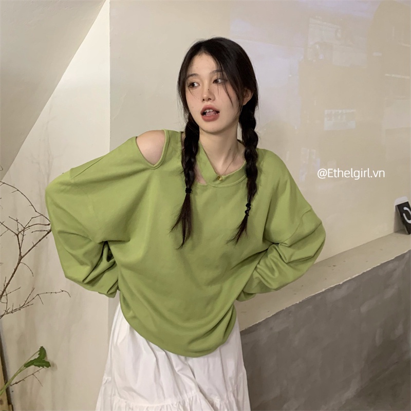 Áo Thun Tay Dài Cổ Tròn Hở Vai Dáng Rộng Thời Trang Mùa Thu Phong Cách Hàn Quốc 2 Màu Tùy Chọn Cho Nữ | BigBuy360 - bigbuy360.vn