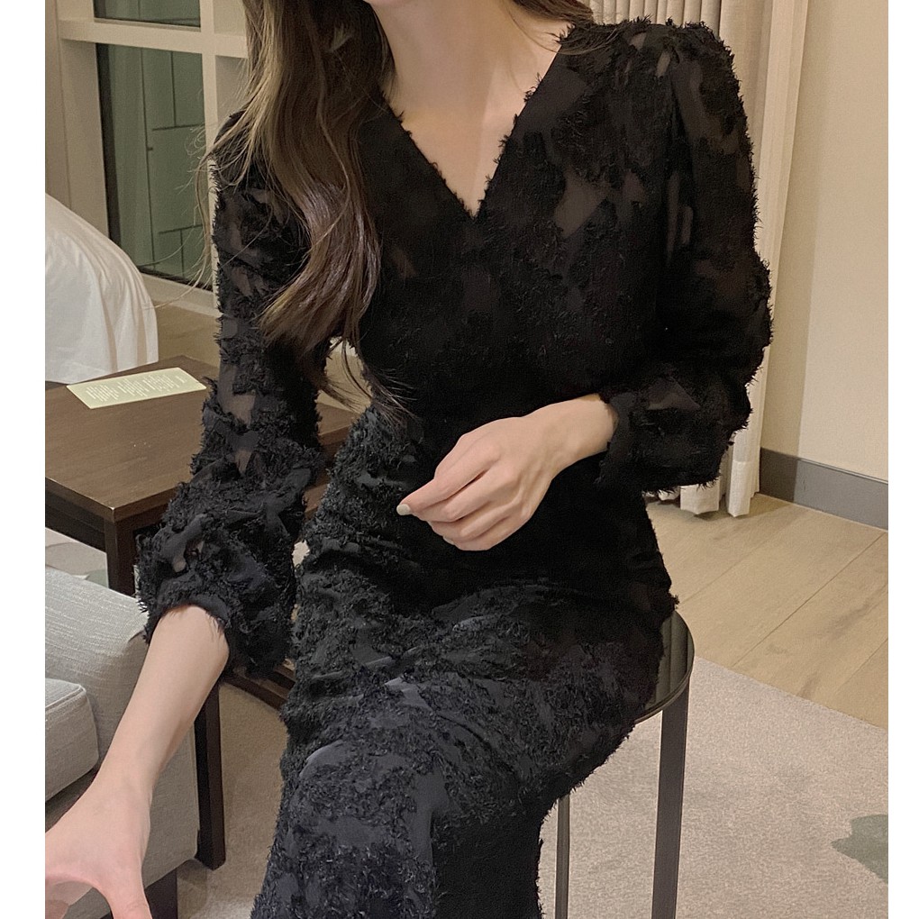 Đầm Midi Cổ Chữ V Màu Trơn Hợp Thời Trang 39379