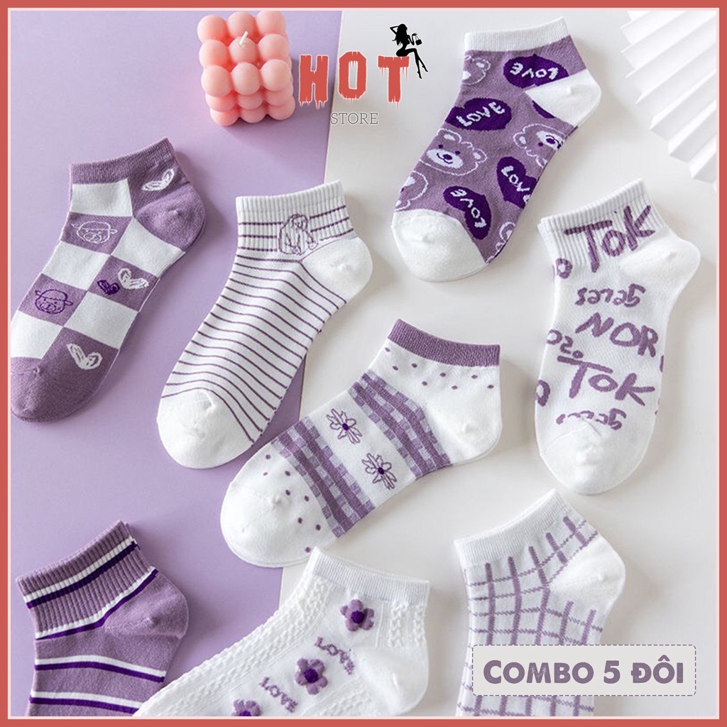 Tất Nữ Cổ Ngắn Trắng Vớ Cổ Thấp Hàn Quốc Set 5 Đôi Combo Dễ Thương Xinh Cute Chất Vải Dày Đẹp - Hot Store